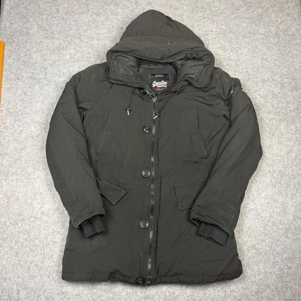 Superdry Premium Goods Down Parka Jacket Mens Large Black Hooded Winter Coat